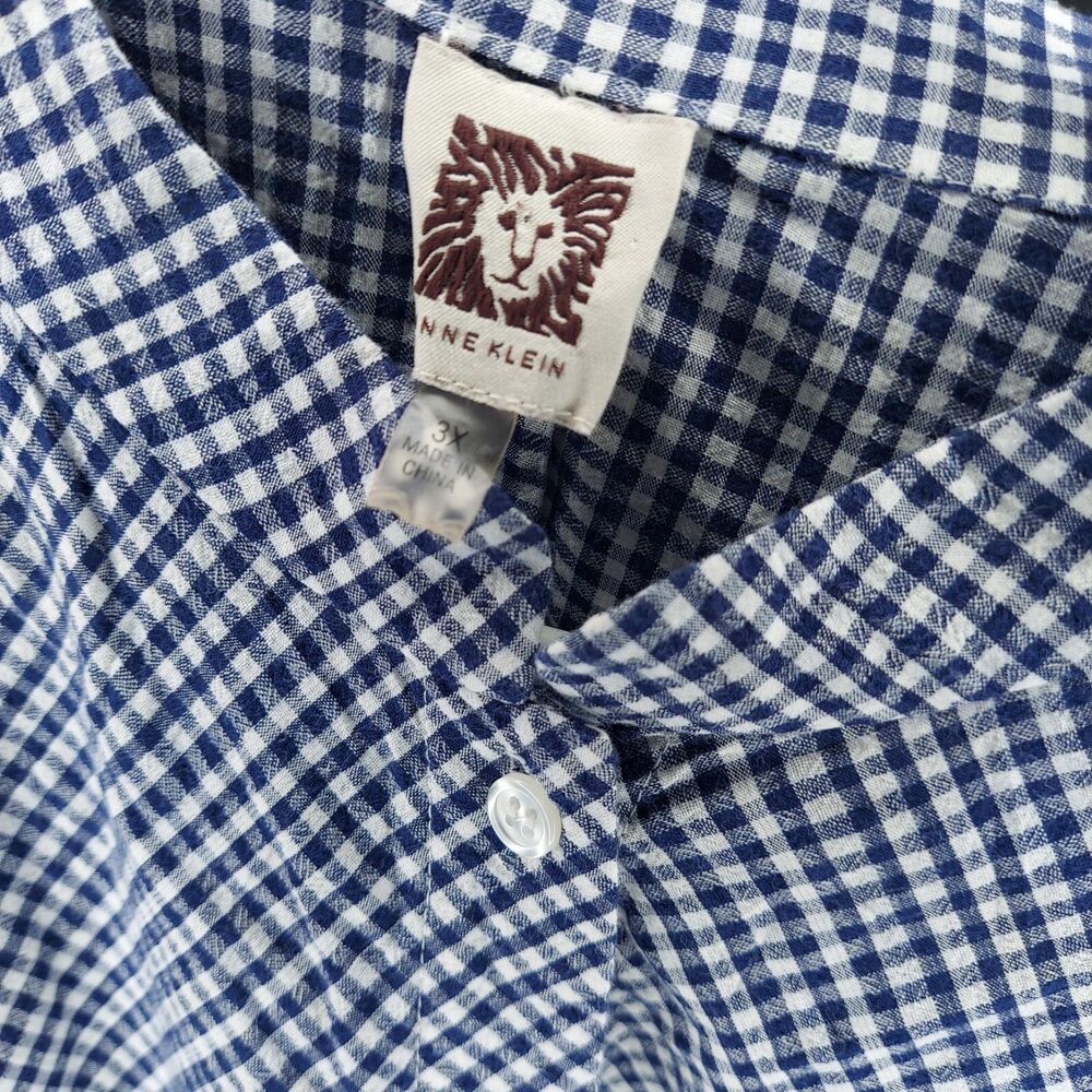 Anne Klein Tunic Button Top Women 3X Blue Gingham Mandarin V-Cut Hem Long Sleeve - Picture 5 of 7